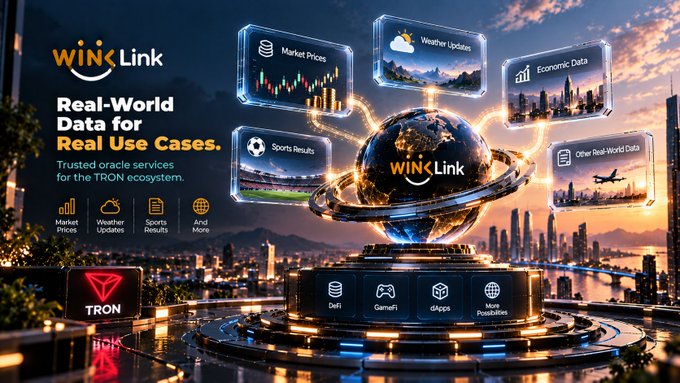 Promotional graphic for "WINkLink," advertising "Real-World Data for Real Use Cases" with "Trusted oracle services for the TRON ecosystem," featuring floating panels for Market Prices, Weather Updates, Economic Data, and Sports Results, alongside the TRON logo.