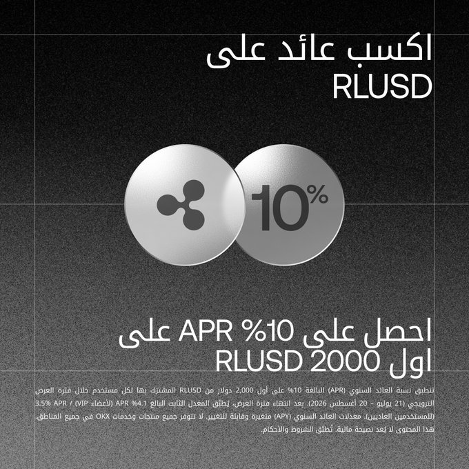 A promotional graphic with Arabic text announcing a 10% APR yield on RLUSD stablecoins, featuring the Ripple logo and large "10%" text on circular metallic badges, promoting OKX's limited-time earning opportunity for the first $2000 in RLUSD.