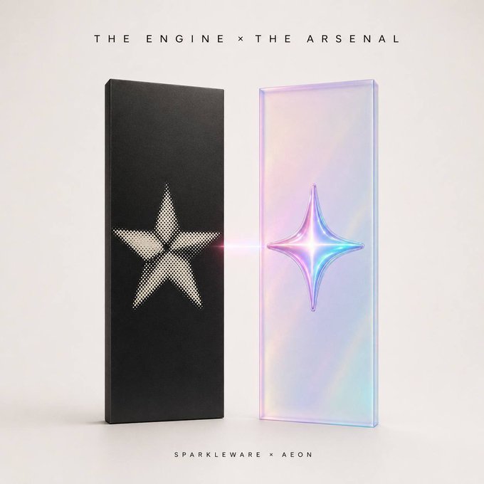 A product display shows a black box with a star cutout and a holographic, iridescent star panel next to it, with text reading 'THE ENGINE x THE ARSENAL' at the top and 'SPARKLEWARE x AEON' at the bottom.