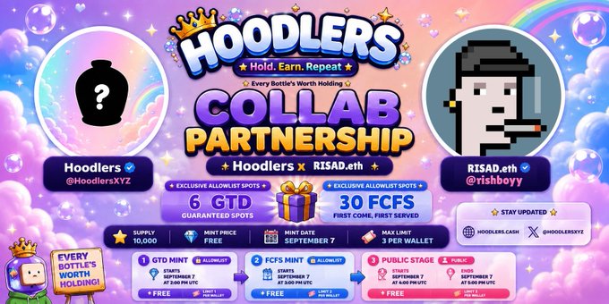 A colorful promotional banner for a 'HOODLERS COLLAB PARTNERSHIP' between Hoodlers and RISAD.eth, detailing NFT mint dates and allowlist slots.