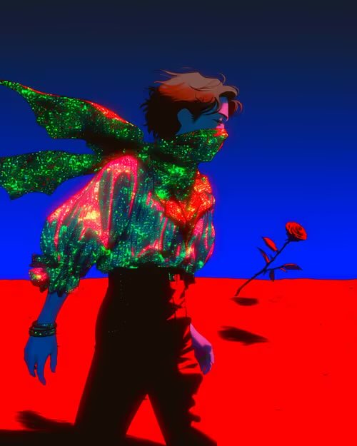 An artistic illustration of a figure in a glittery green and pink jacket, holding a red rose against a blue and red background.