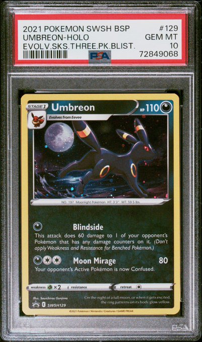 A PSA 10 graded 2021 Pokémon SWSH Black Star Promo Umbreon-Holo card (#129) in a PSA slab, featuring the attacks Blindside and Moon Mirage.