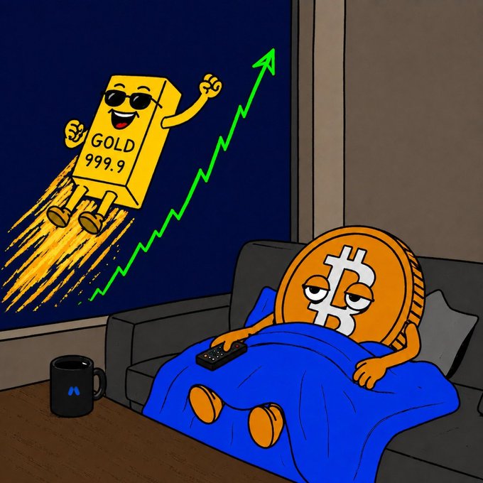 A cartoon Bitcoin lounges on a couch under a blue blanket, looking bored while watching a gold bar labeled "GOLD 999.9" rocket upward on the TV screen with a sharply rising green chart line. The image illustrates the caption's message—while gold has surged following the CPI release, Bitcoin hasn't yet chosen a direction and is waiting for its big move.