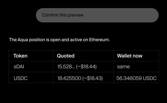 A dark-themed UI showing 'The Aqua position is open and active on Ethereum' with a table listing sDAI (15.528... sDAI) and USDC (56.346059 USDC) tokens.