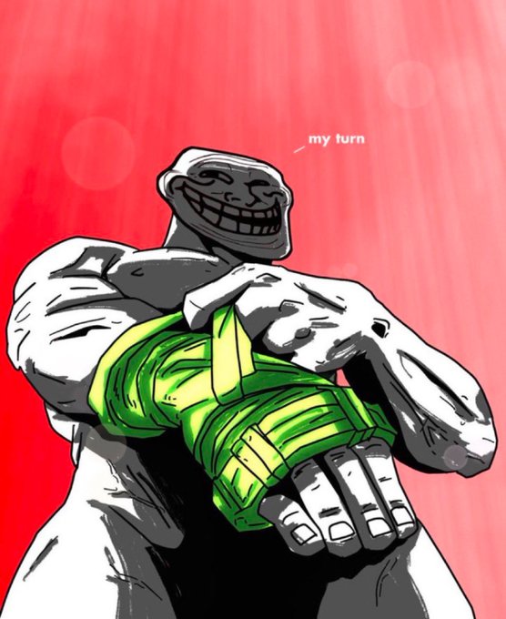 A digital illustration features a muscular grey troll-like figure with a wide grin against a red background, wearing a green and yellow glove and saying "my turn".