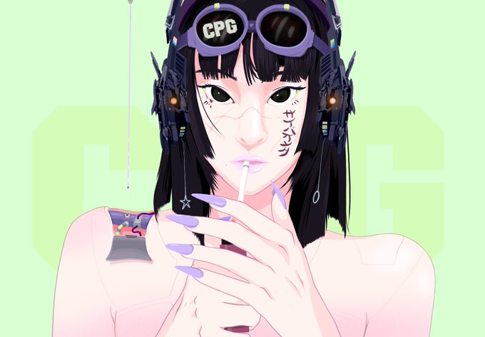 An anime-style digital illustration of a young woman with short black hair wearing purple goggles labeled 'CPG' and mechanical headphones, smoking a cigarette against a light green background.
