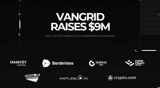 A black promotional graphic stating 'VANGRID RAISES $9M,' with the tagline 'Built with the support of our stakeholders and partners' and logos for HashKey Capital, Borderless, Gate.io, CODE CRAFT, Animoca Brands, MapleBlock, and Crypto.com.
