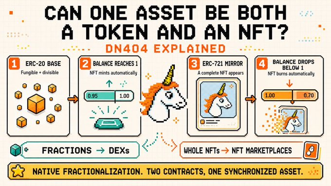 An infographic titled 'CAN ONE ASSET BE BOTH A TOKEN AND AN NFT? DN404 EXPLAINED' illustrating a 4-step process with a unicorn meme, showing how an ERC-20 base with 0.95-1.00 balance mints an NFT mirror (ERC-721), which burns automatically when balance drops below 1 (e.g., 1.00 to 0.70). Bottom text reads 'FRACTIONS → DEXs', 'WHOLE NFTs → NFT MARKETPLACES', and 'NATIVE FRACTIONALIZATION. TWO CONTRACTS, ONE SYNCHRONIZED ASSET.'