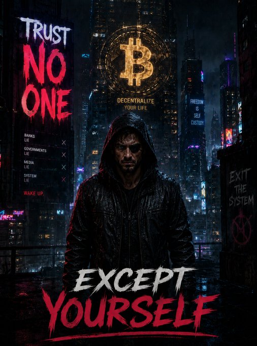 A cyberpunk-style poster with a hooded man and Bitcoin imagery, featuring the text "TRUST NO ONE", "DECENTRALI7E YOUR LIFE", "FREEDOM IS SELF CUSTODY", and "EXCEPT YOURSELF".