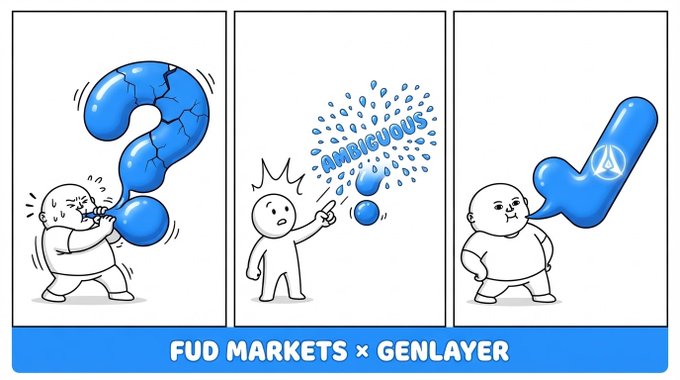 A three-panel comic by FUD MARKETS x GENLAYER shows cartoon figures interacting with a cracked blue question mark, the word 'AMBIGUOUS,' and a peace-sign thumbs-up.