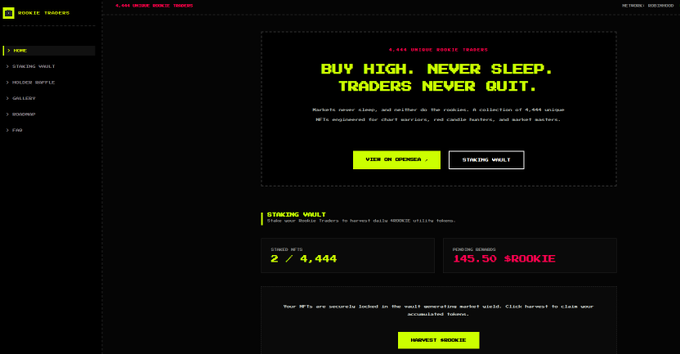 A dark-themed cryptocurrency website for "Rookie Traders" displays a staking vault with a 2/4,444 stake ratio and 145.50 $ROOKIE tokens accumulated, alongside a bullish tagline "BUY HIGH, NEVER SLEEP, TRADERS NEVER QUIT." The image relates to the post by showing the low staking participation (only 2 out of 4,444 NFTS claimed), which visually supports the claim of a "very thin floor" and the urgency to load tokens before the staking mechanism launches.
