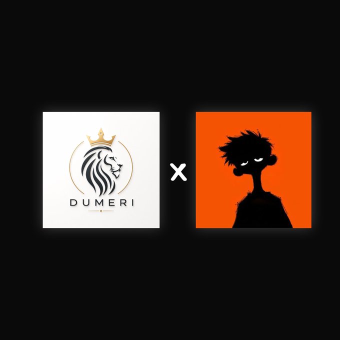 Promotional collaboration graphic featuring the Dumeri lion logo on the left and a stylized character silhouette on an orange background on the right, separated by an 'X'.