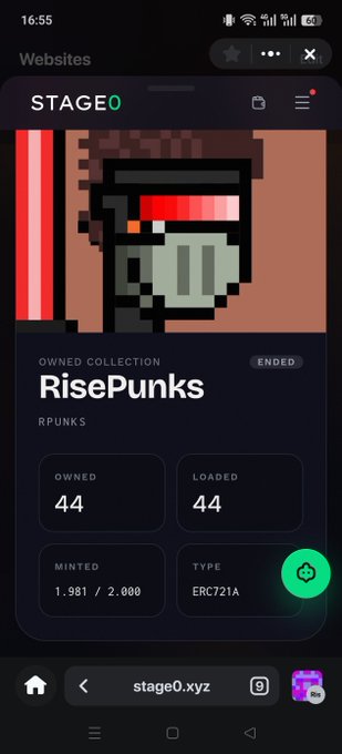A mobile screenshot of the Stage0 website shows a 'RisePunks' NFT collection (RPUNKS) with 44 owned and loaded, 1,981/2,000 minted on ERC721A.