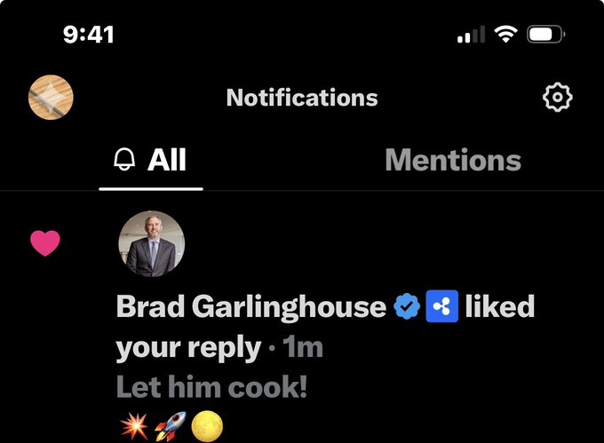 A smartphone notifications screen shows that Brad Garlinghouse (CEO of Ripple, indicated by the verified checkmark and XRP logo) liked a user's reply reading "Let him cook!" with a heart icon and emoji, posted 1 minute ago.