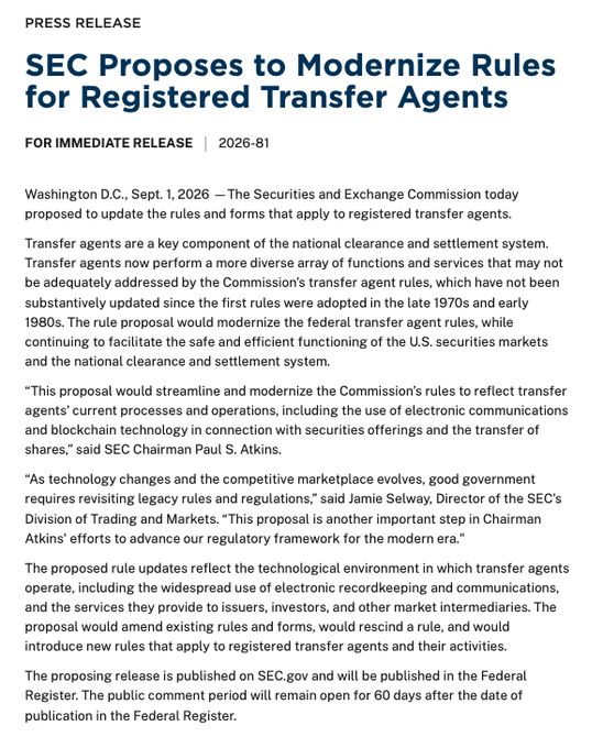 The image is an SEC press release (2026-81) titled "SEC Proposes to Modernize Rules for Registered Transfer Agents," dated September 1, 2026, announcing the agency's plan to update regulations governing transfer agents—rules unchanged since the late 1970s and early 1980s—to reflect modern practices including electronic communications and blockchain technology in securities offerings and share transfers. The accompanying post aligns with this announcement, highlighting the SEC's significant move to formally recognize blockchain in securities transactions and modernize the long-outdated transfer-agent framework.