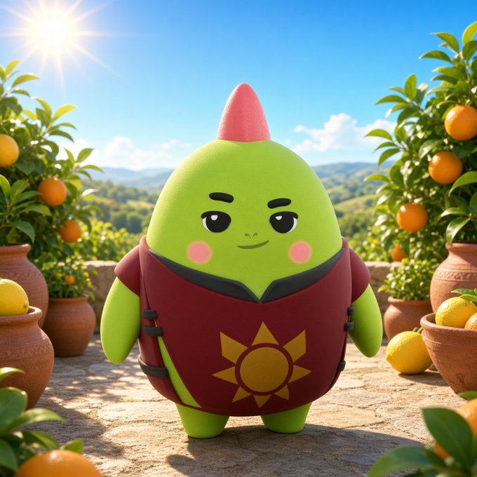 A cute green cartoon character with a pink pointed hat and a red outfit featuring a yellow sun emblem stands in a sunny orchard filled with citrus trees and terracotta pots.