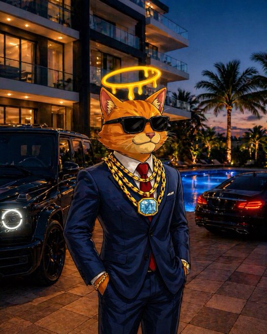 A stylish anthropomorphic orange tabby cat wearing sunglasses, a navy blue suit, gold chains with a diamond pendant, and a glowing halo stands in front of luxury cars and a mansion at dusk.