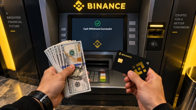 A person's hands holding US hundred-dollar bills and a black Binance cryptocurrency card in front of an ATM displaying a 'Cash Withdrawal Successful' message and 'BINANCE' branding.