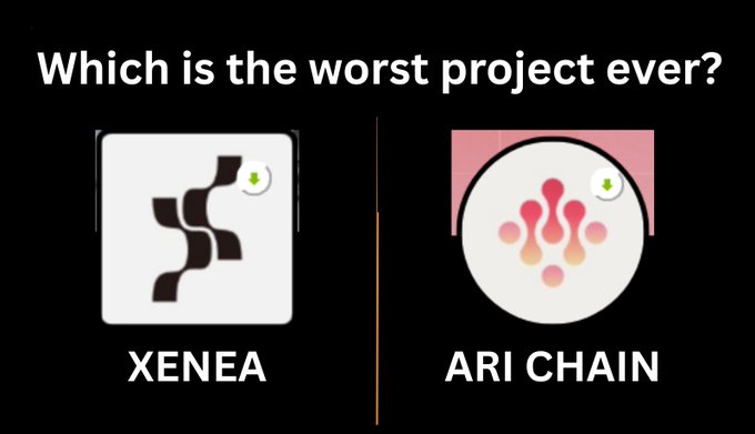 A poll asking 'Which is the worst project ever?' with two options: 'XENEA' on the left and 'ARI CHAIN' on the right.