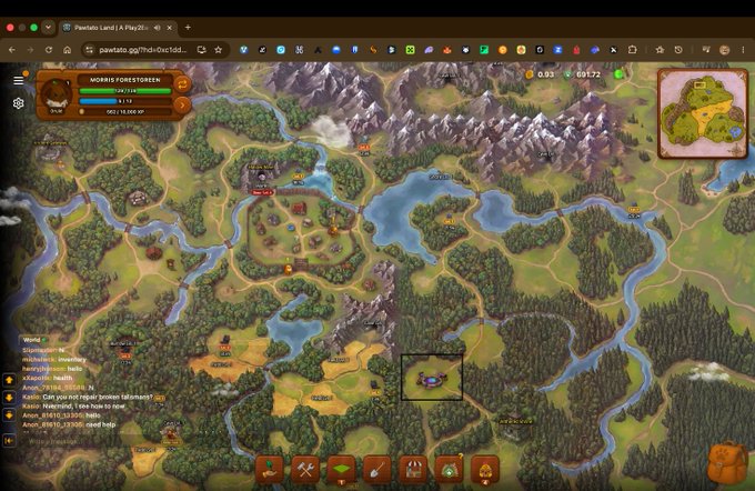 A screenshot of a browser-based strategy game called 'Pawelatis Land' showing a top-down fantasy map with forests, rivers, mountains, and player stats for 'WOR10 FORESTGREEN'.