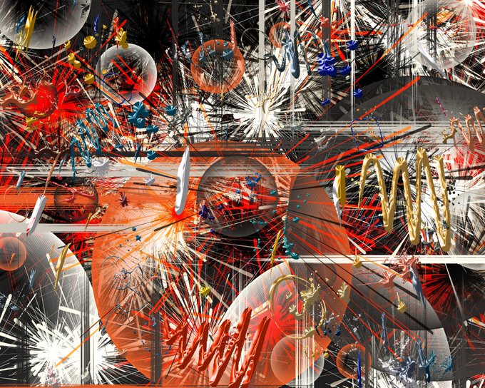 A vibrant, chaotic abstract painting featuring explosive bursts of red, orange, blue, and white colors with sharp lines and circular shapes radiating outward.