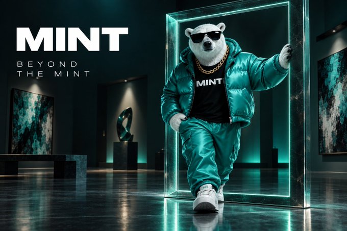 A polar bear wearing sunglasses, a gold chain, and a teal puffer jacket with 'MINT' branding steps through a glowing teal portal in a modern gallery, with 'MINT - BEYOND THE MINT' text displayed.