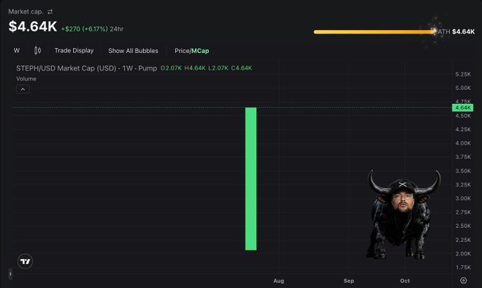 A cryptocurrency chart displays STEPH/USD with a market cap of $4.64K, showing a +6.17% gain over 24 hours and a tall green volume bar alongside a meme image of a bull wearing a black pirate hat, promoting the "BLACK XRP BULL ($STEPH)" token as a potential millionaire-maker opportunity.