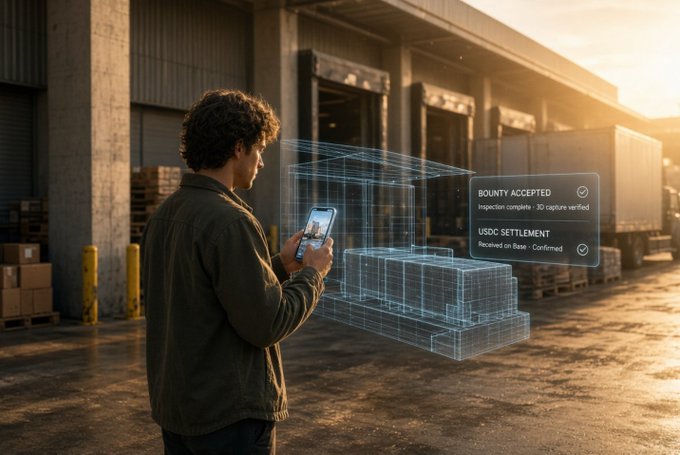 A person at a loading dock uses a smartphone to capture a 3D scan of stacked goods, while floating holographic panels display "BOUNTY ACCEPTED - Inspection complete - 3D capture verified" and "USDC SETTLEMENT - Received on Base - Confirmed," illustrating the article's point about Physical AI agents autonomously fulfilling on-chain bounties with USDC settlement on Base.