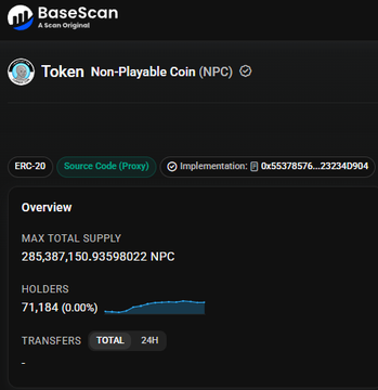 A BaseScan blockchain explorer page displaying token information for 'Token Non-Playable Coin (NPC),' an ERC-20 token, showing a max total supply of 285,387,150.9359022 NPC and 71,184 holders (0.00%).
