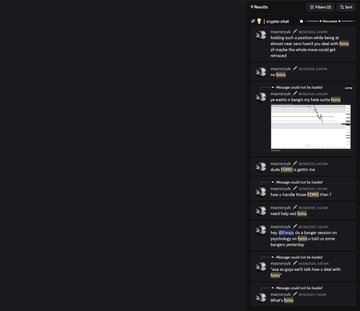 The image shows a Discord chat interface in dark mode, displaying a thread titled "3 Results" within the "#crypto-chat" channel. The conversation contains messages discussing trading strategies, including references to a "range" indicator, links to google.com, and mentions of trading concepts like FOMO, profit/loss management, and AAVE/USD pairs, which aligns with the accompanying post about overcoming FOMO in trading.