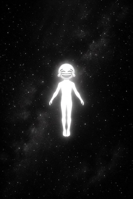 A glowing white humanoid figure with a smiling face floats against a black starry space background.