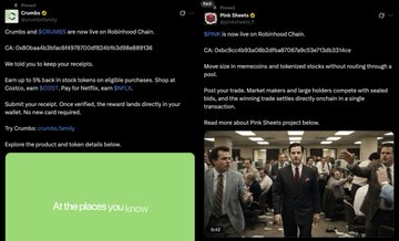 Two tweets: one from 'Crunch' announcing Crunchies are now live on Robinhood Chain with CA: 0x60bea4b3dba4941fb7001486b2eb6a489138, and another from 'Prof Shwet' launching a token with CA: 0x4cc9c0a3a9d5827a8b1503fdc529c752db2814e.