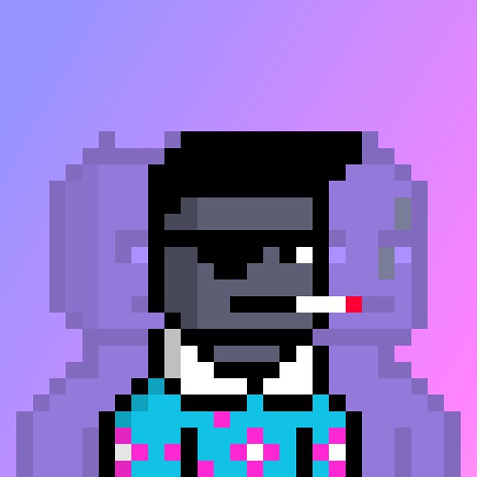 A pixel art portrait of a person with dark skin, an eyepiece, and a cigarette in their mouth, wearing a teal shirt with pink floral patterns against a purple gradient background.