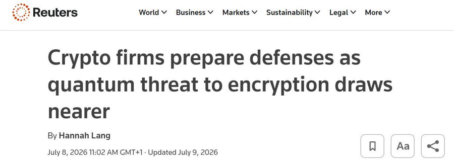 A Reuters news article headline reading 'Crypto firms prepare defenses as quantum threat to encryption draws nearer' by Hannah Lang, dated July 8, 2026.