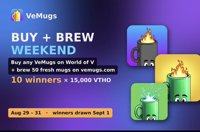 A promotional graphic for a 'VeMugs' 'BUY + BREW WEEKEND' event from Aug 29 - 31, offering 10 winners a prize of 15,000 VTHO for purchasing mugs and brewing 50 fresh ones on vemugs.com.