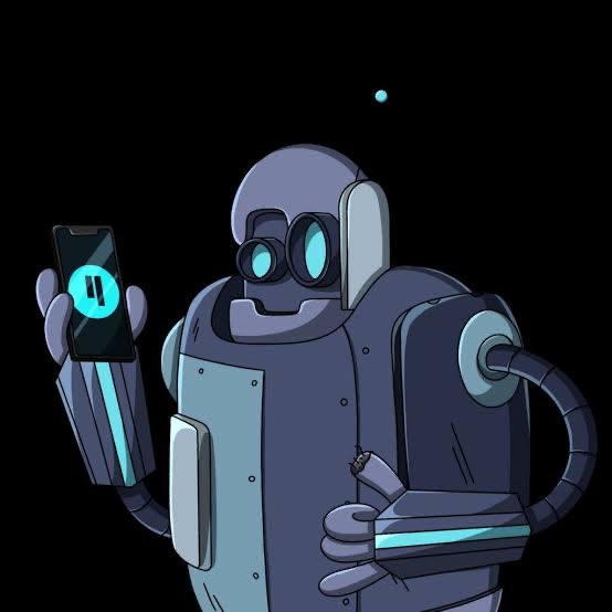 An illustration of a purple and gray robot with glowing blue eyes and a small blue antenna, displaying a pause symbol on its smartphone while holding a stylus in its other hand against a black background.