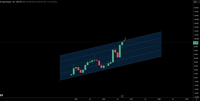 A Hyperliquid (HYPE/USD) weekly chart on TradingView shows price action contained within an ascending parallel channel spanning roughly from $30 to $90, with a recent breakout above the upper trendline near $94.90. The chart illustrates the post's point that zooming out to a multi-year view clarifies the overall bullish trend rather than focusing on short-term volatility.
