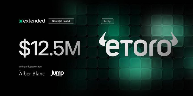 Announcement graphic for Extended's $12.5M Strategic Round led by eToro with participation from Ālber Blanc and Jump Crypto.