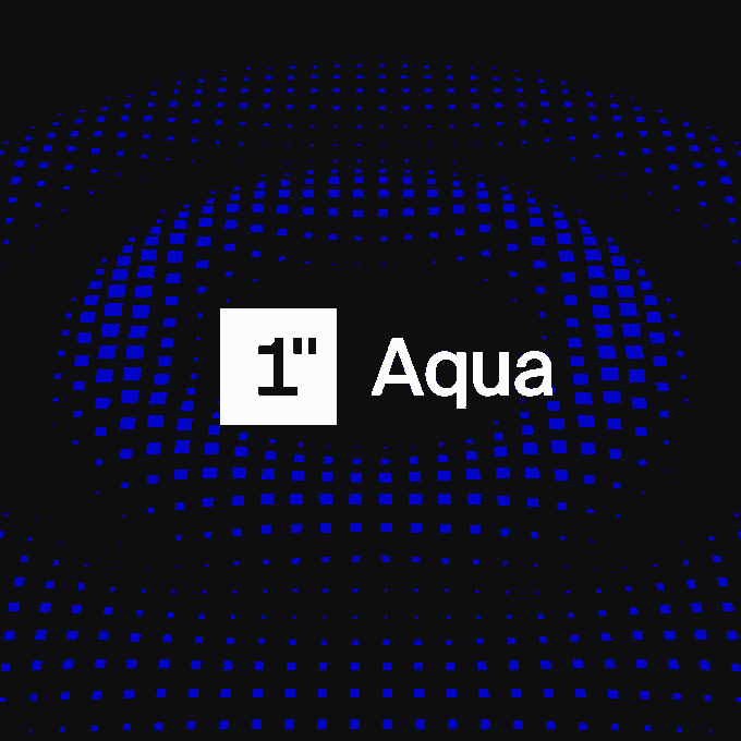 The image displays the white "1" logo of the 1inch network with the text "Aqua" next to it, set against a black background with a blue halftone dot pattern forming a circular gradient. The branding ties directly to the post's promotion of 1inch Aqua, visually identifying the protocol discussed as a solution for pooling LP capital.