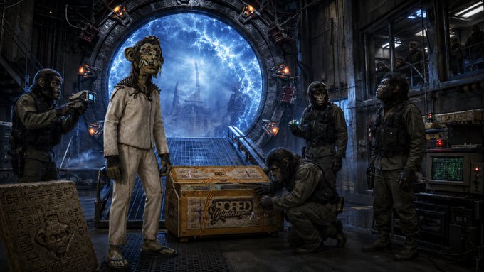 A sci-fi scene featuring chimpanzee astronauts around a glowing blue portal in a spacecraft, examining a yellow crate labeled 'ROBOT Mechanic.'