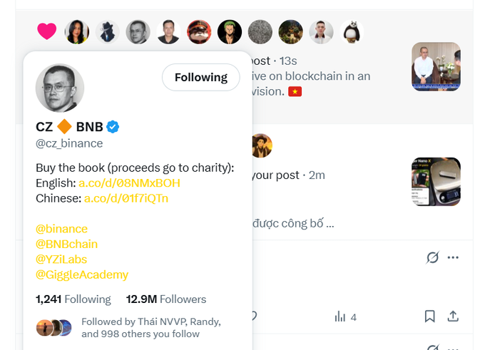 A social media profile for CZ (@cz_binance) with 12.9M followers is displayed, featuring a post promoting book purchases for charity with links in English and Chinese, and tagging @binance, @BNBchain, @YZiLabs, and @GiggleAcademy.