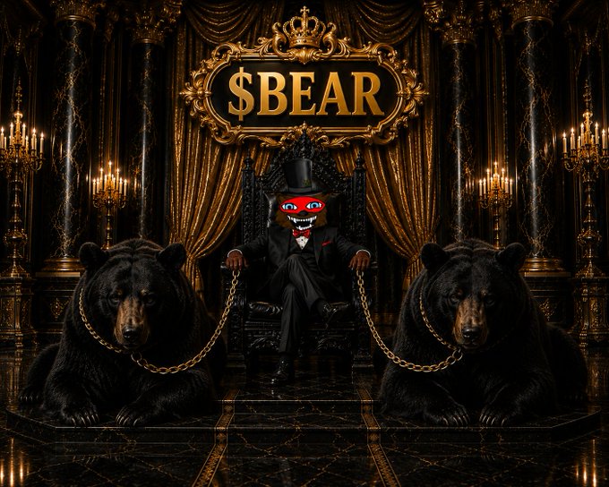 A bear mascot wearing a top hat sits on an ornate golden throne labeled "$BEAR," flanked by two large black bears on leashes, reflecting the bearish market sentiment associated with the $BEAR XRP token as mentioned in the post.