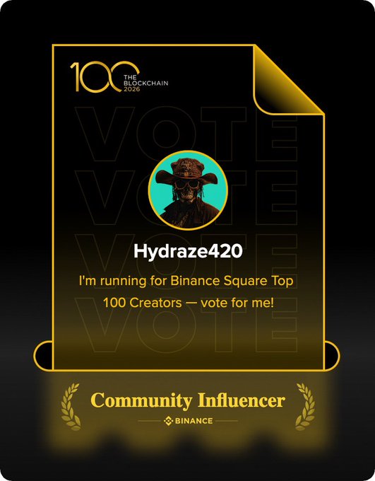 The image is a nomination graphic from "The Blockchain 100 2026" featuring candidate "Hydraze420" running for "Binance Square Top 100 Creators" as a "Community Influencer." It relates to the post by showing the official nomination card for the Binance Blockchain Week awards, where the user is asking for votes to be recognized among top creators.