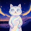 A digital illustration of a stylized, iridescent cat standing in a desert landscape at night, with large crescent moons in the starry sky.