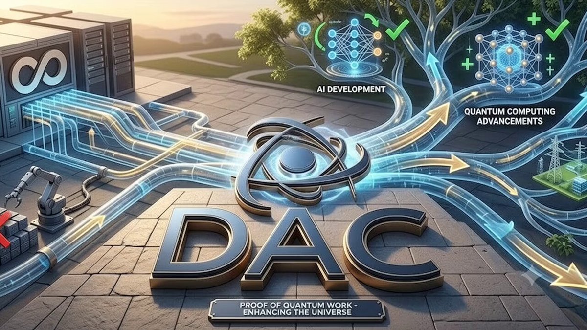 The image features a large blue logo with the letters "DAC" written in black. Below the logo, there are two arrows pointing towards each other, symbolizing the flow of information or computing power. The background shows a cityscape with buildings and trees, suggesting that the DAC logo is located in an urban setting. The post also mentions the idea of Proof of Quantum Work from DAC, which could be related to the concept of blockchain technology or distributed ledger systems. This implies that the DAC logo might be associated with a project or initiative focused on advancing the use of quantum computing and its applications for various fields such as finance, healthcare, and more.