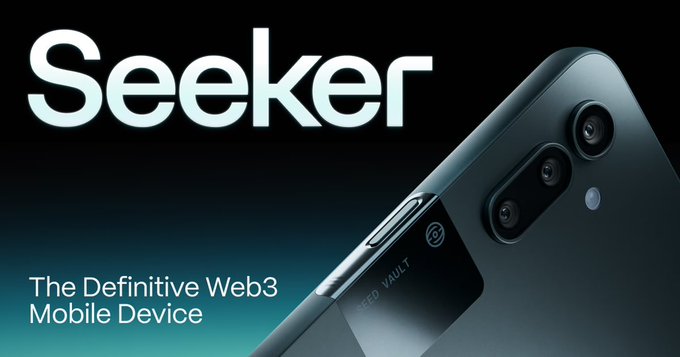Advertisement for 'Seeker - The Definitive Web3 Mobile Device' showing a smartphone with 'SEED VAULT' branding on the back.