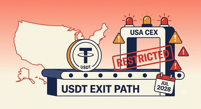 An illustration showing a US map outline next to a USDT coin on a conveyor belt labeled "USDT EXIT PATH," with a "USA CEX" gateway stamped "RESTRIFIED" and warning symbols, plus a calendar marking "JUL 2028." It visually represents Tether (USDT) facing restricted access from U.S. centralized exchanges, complementing the post's discussion of how the GENIUS Act (one year after signing) and MiCA-style pressure may push foreign stablecoin issuers like Tether out of regulated U.S. venues by July 2028.