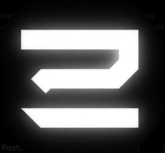A stylized white geometric logo or symbol appears against a dark background with faint text visible behind it.
