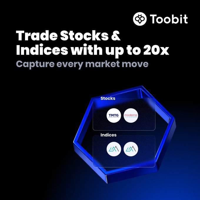 A Toobit advertisement featuring the text 'Trade Stocks & Indices with up to 20x' and 'Capture every market move', showing logos for stocks (TMTG, moderna) and indices on a blue hexagonal platform.
