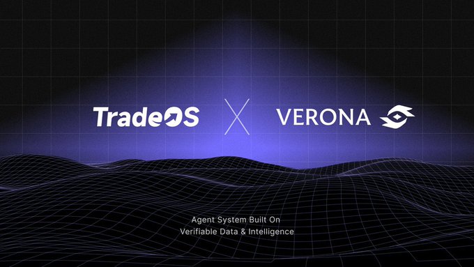 A promotional graphic announcing a partnership between TradeOS and Verona, featuring both logos side-by-side against a dark, wavy grid background with a blue light flare. Subtitle text reads "Agent System Built On Verifiable Data & Intelligence," visually reinforcing the post's theme of AI-powered trading agents that handle market monitoring while the trader focuses on strategy.